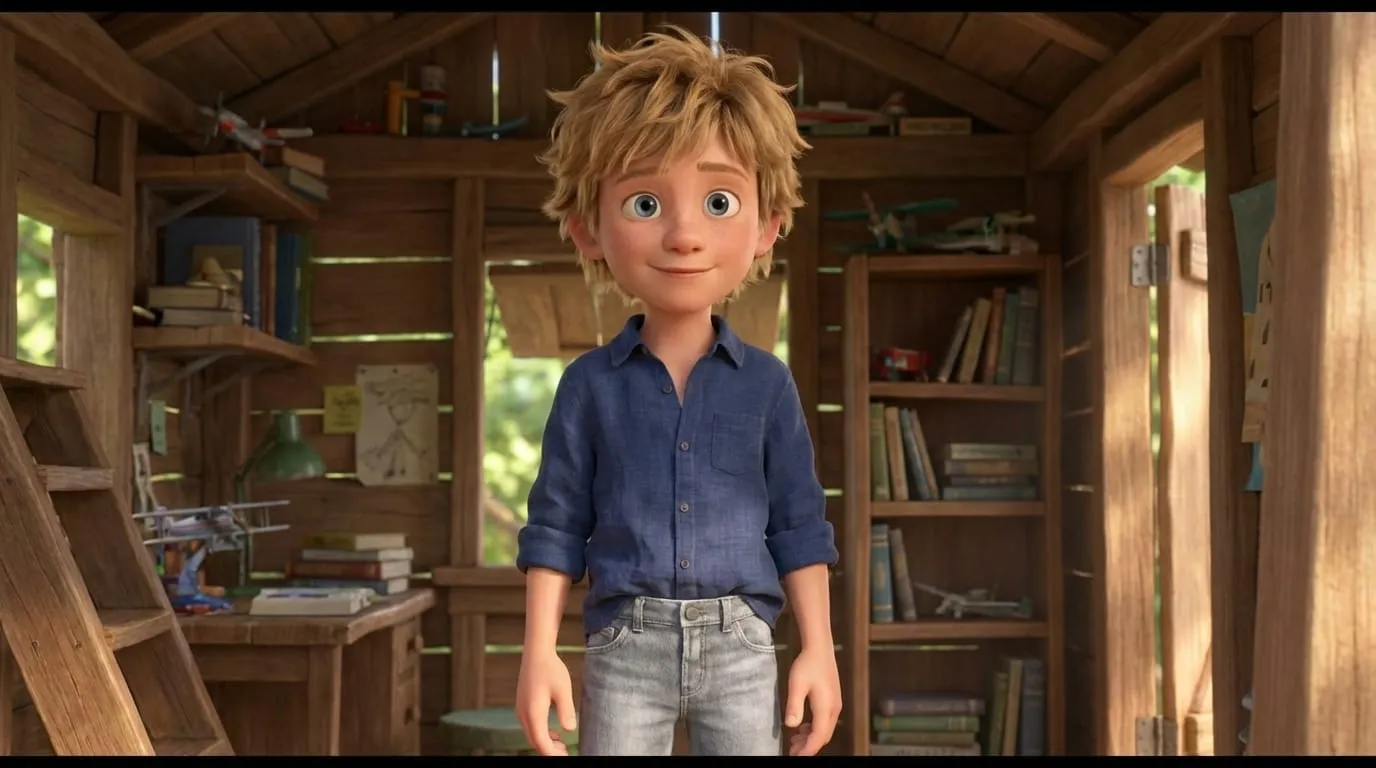 3D animated boy in treehouse