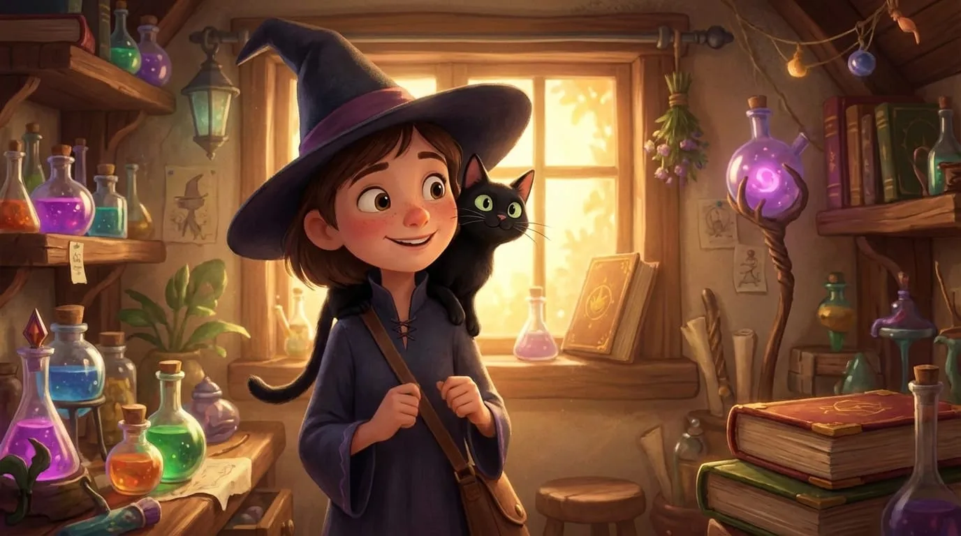 Young witch with black cat